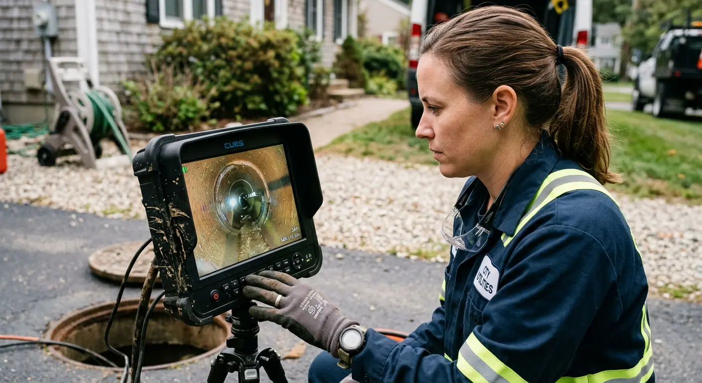 Technician reviewing sewer camera inspection footage in Rossville