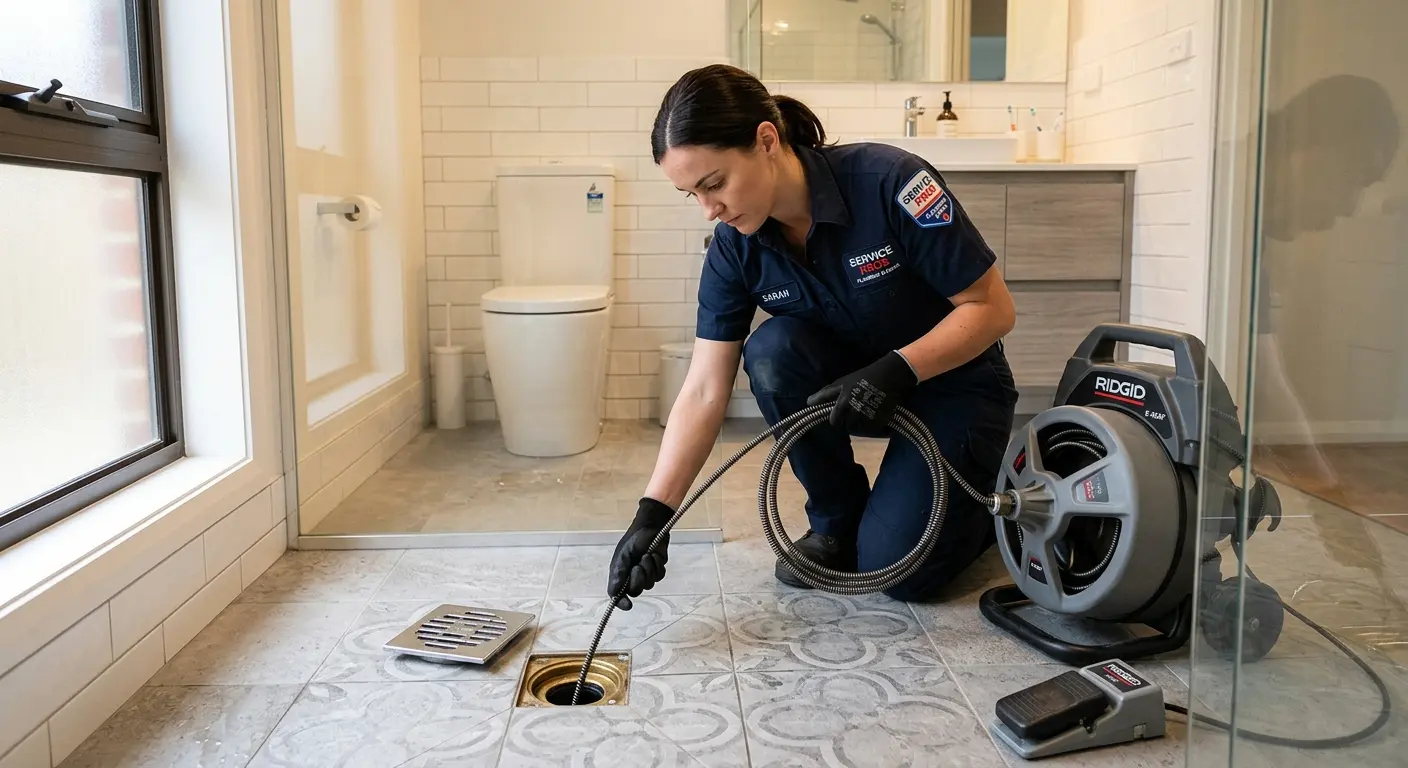 Technician clearing a bathroom floor drain for Sewer Line Replacement in Rossville